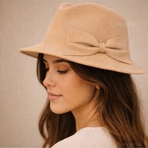 World Market Tan Camel Faux Wool Felt Fedora Hat Bow NWOT